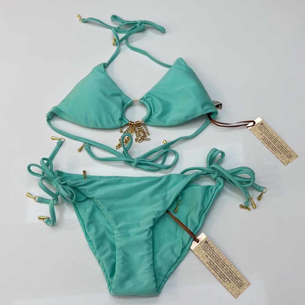 Light aqua blue green Bandeau Bikini Set gold Ring Details size xl fits Large